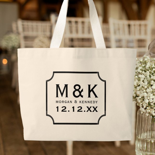 Bolso De Tela Gigante Elegante Monograma Gran Boda Tote Bag (A classic Monogrammed Wedding Tote Bag with space for your initials and wedding date)