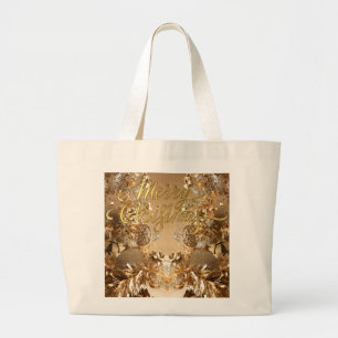 Bolso De Tela Gigante Elegante purpurina dorado copos de nieve Feliz Nav