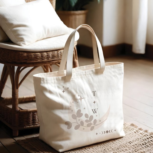 Bolso De Tela Gigante Estrella celestial de la luna Monograma Boho Bride (Celestial Moon Star Monogram Boho Bridesmaid Large Tote Bag)