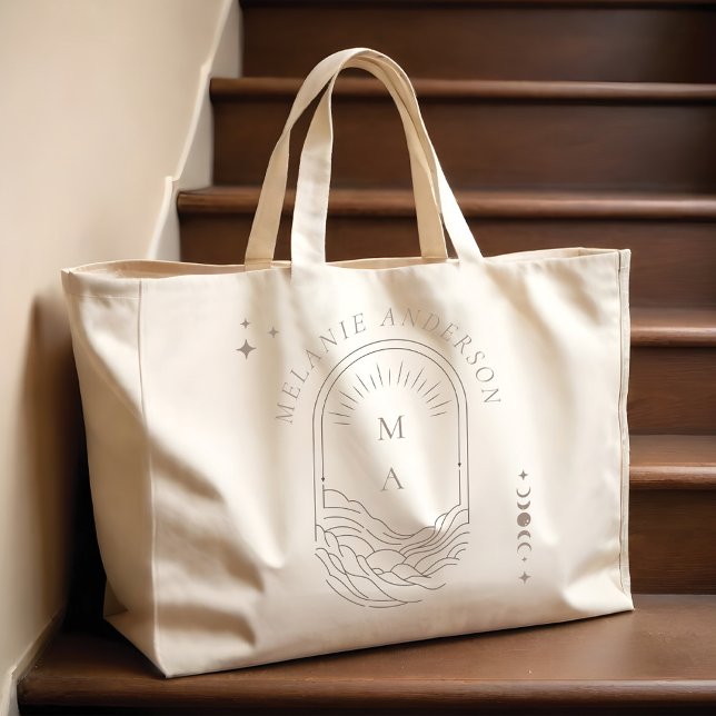 Bolso De Tela Gigante Estrella celestial de la luna Monograma Boho Nombr (Celestial Moon Star Monogram Boho Bridesmaid Name Large Tote Bag)