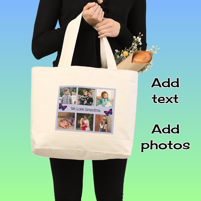 Bolso De Tela Gigante Familia 6 fotos personalizado texto mariposas marc (Jumbo tote bag, natural)