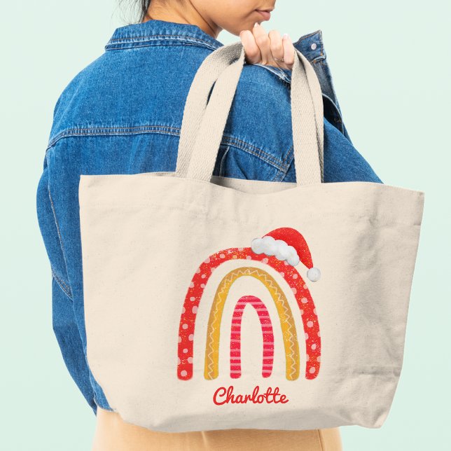 Bolso De Tela Gigante Feliz Navidad Santa Hat Rainbow Personalizado Tot (Subido por el creador)