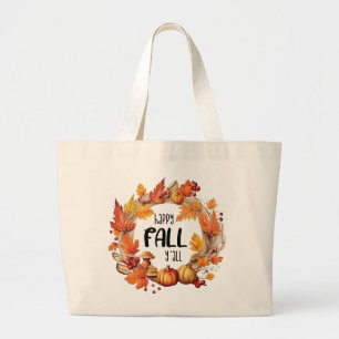 Bolso De Tela Gigante Feliz otoño - Calabaza y corona de hojas otoñales