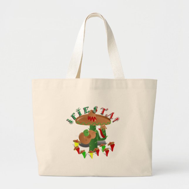 Bolso De Tela Gigante Fiesta Cactus con Sombrero y Guitarra (Frente)
