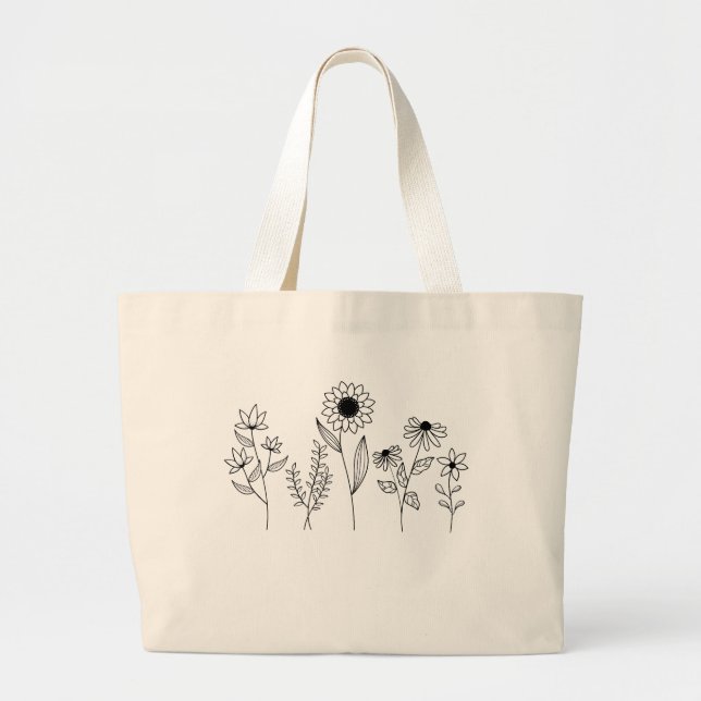Bolso De Tela Gigante Fila de Floral Stems Boho Line Art (Frente)