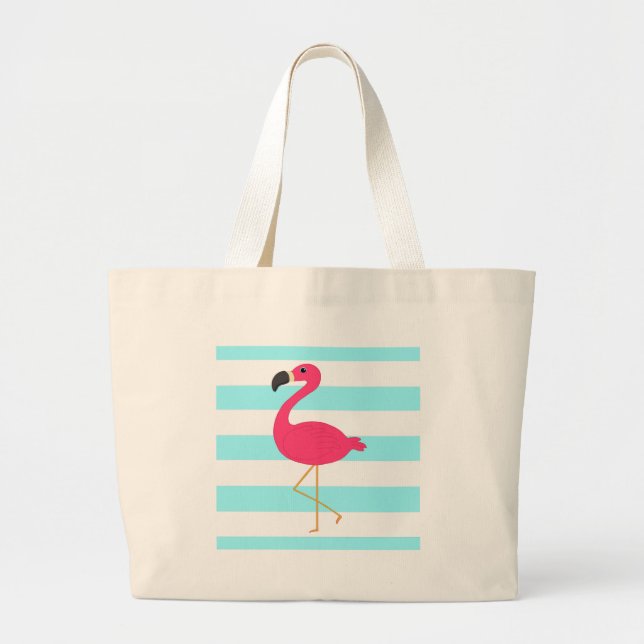Bolso De Tela Gigante Flamenco rosado en rayas verde azuladas ligeras (Frente)