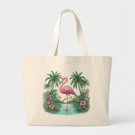 Bolso De Tela Gigante Flamingo rosa con flores y palmeras