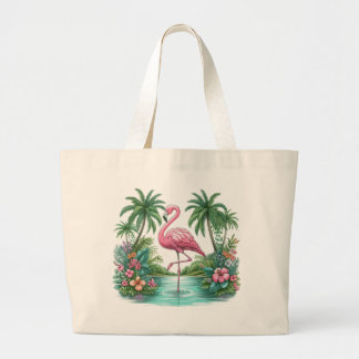 Bolso De Tela Gigante Flamingo rosa con flores y palmeras