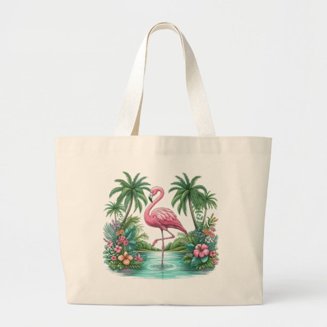 Bolso De Tela Gigante Flamingo rosa con flores y palmeras (Frente)