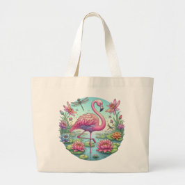 Bolso De Tela Gigante Flamingo rosa y libélula