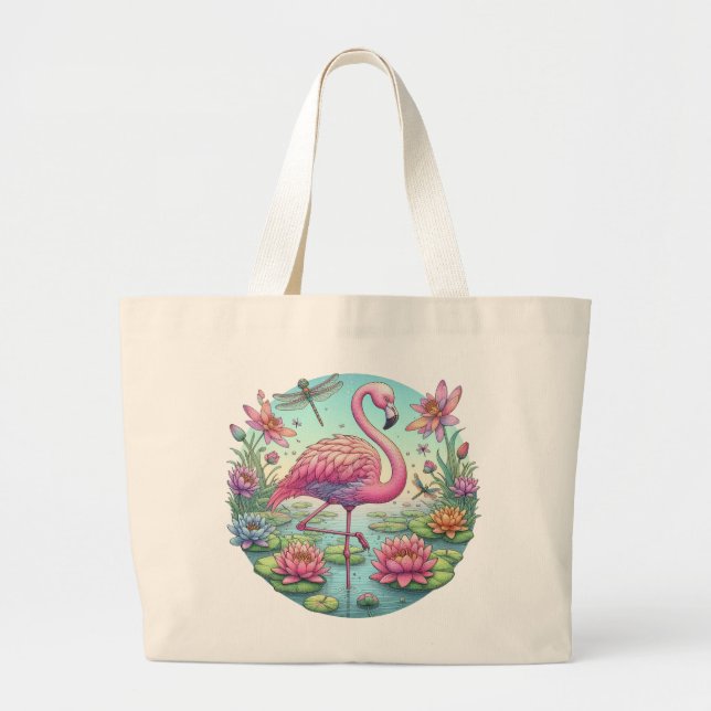 Bolso De Tela Gigante Flamingo rosa y libélula (Frente)