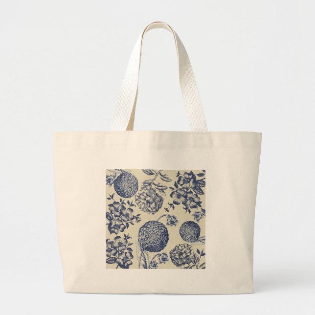Bolso De Tela Gigante Flor azul anticuada impresa floral (Frente)