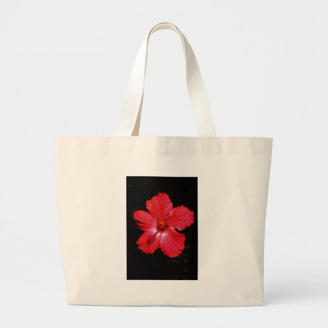 Bolso De Tela Gigante Flor de Hibiscus rojo rosado caliente en negro (Frente)