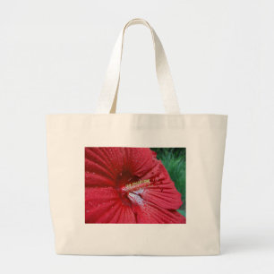 Bolso De Tela Gigante Flor roja hibiscus con gota de lluvia