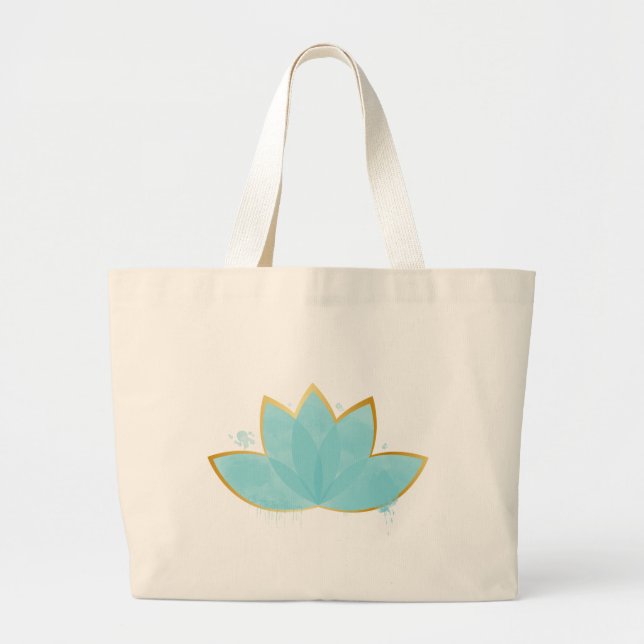 Bolso De Tela Gigante Floral Lotus acuarela Seafoam Blue & Faux Gold (Frente)