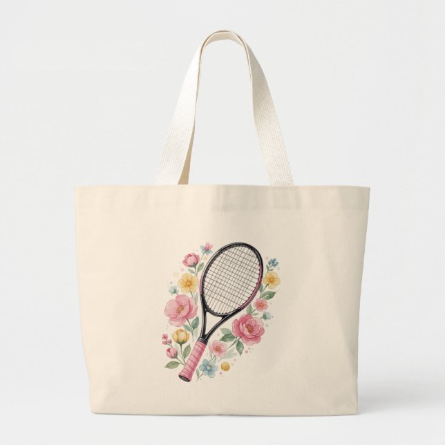 Bolso De Tela Gigante Floral Tennis Tote Bag Cute Tennis Racket Flowers  (Frente)