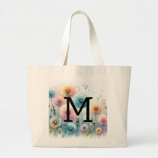 Bolso De Tela Gigante Floral watercolor monogram pink blue dandelions