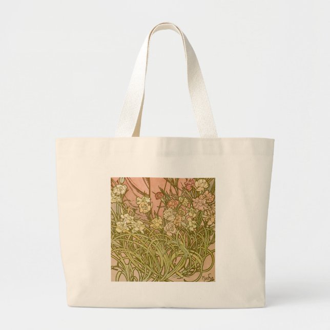 Bolso De Tela Gigante Flores de clavel floral Art Nouveau Alfonse Mucha (Frente)
