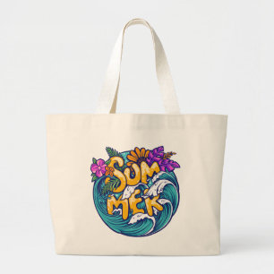 Bolso De Tela Gigante Flores Tropicales de Verano Olas del Océano Playa 