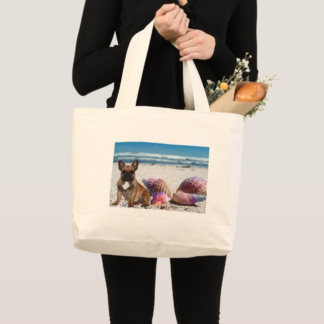 Bolso De Tela Gigante Französische Bulldoggen am Strand Tragetasche (Anverso (producto))