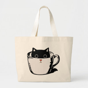 Bolso De Tela Gigante Gatito negro con nariz roja escondido en una taza