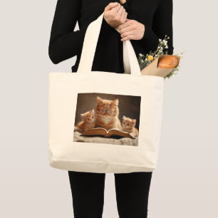 Bolso De Tela Gigante Gato con gafas leyendo un libro a sus gatitos