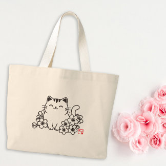 Bolso De Tela Gigante Gato japonés y sakura cortos con sello "Neko"