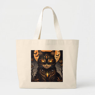 Bolso De Tela Gigante Gato negro brillante, luna llena y murciélagos