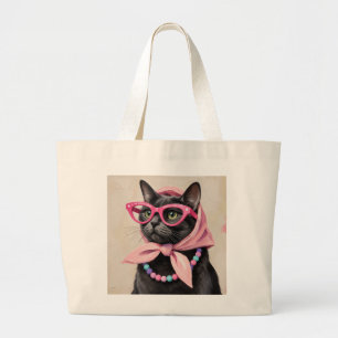 Bolso De Tela Gigante Gato negro chic con pañuelo babushka rosa retro