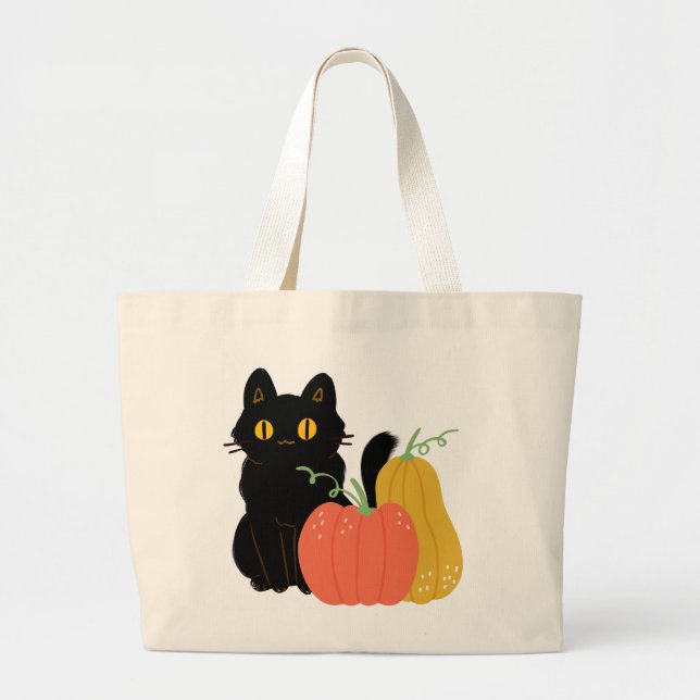 Bolso De Tela Gigante Gato negro y calabazas (Frente)