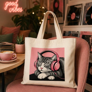 Bolso De Tela Gigante Gato Tabby Adorable Escuchando Música con Auricula