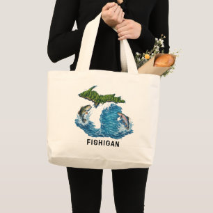 Bolso De Tela Gigante Gráfico del estado de Michigan con pez