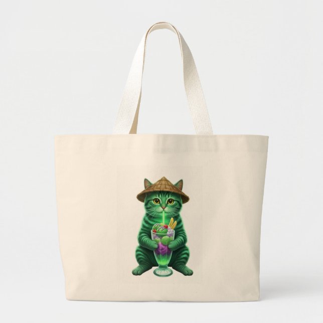 Bolso De Tela Gigante Green cat drinking ice  (Frente)