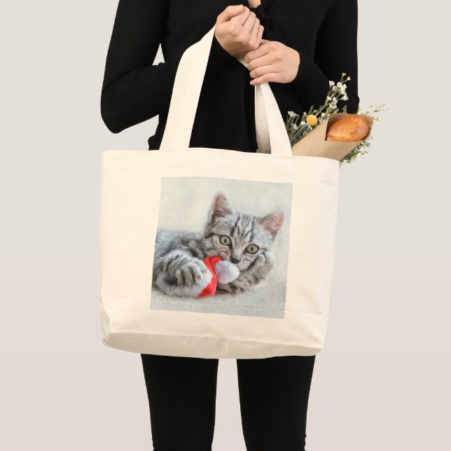 Bolso De Tela Gigante Gris lindo Navidades gatos Gorras Navidad (Anverso (producto))
