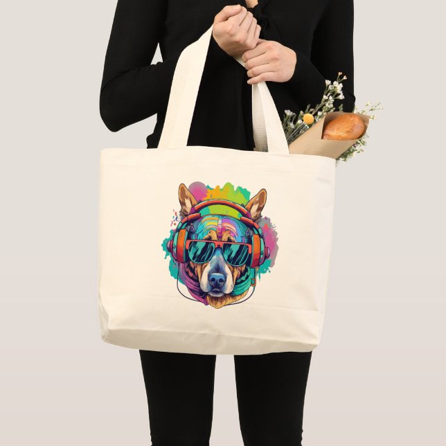 Bolso De Tela Gigante Groovy Canine Vibes : Perro Guay con audífonos (Anverso (producto))
