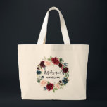 Bolso De Tela Gigante Guión de pincel Bridesmaid Burgundy Floral Azul<br><div class="desc">Pincel Moderno Guión Acuarela Borgoña Marsala Floral Azul Bridesmaid Gran Bolsa De Tote</div>