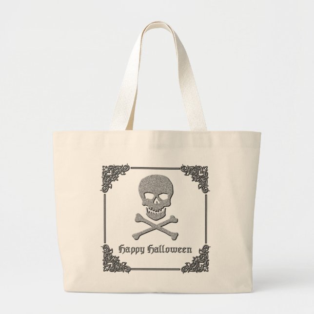 Bolso De Tela Gigante Halloween con calaveras plateadas y cruces (Frente)