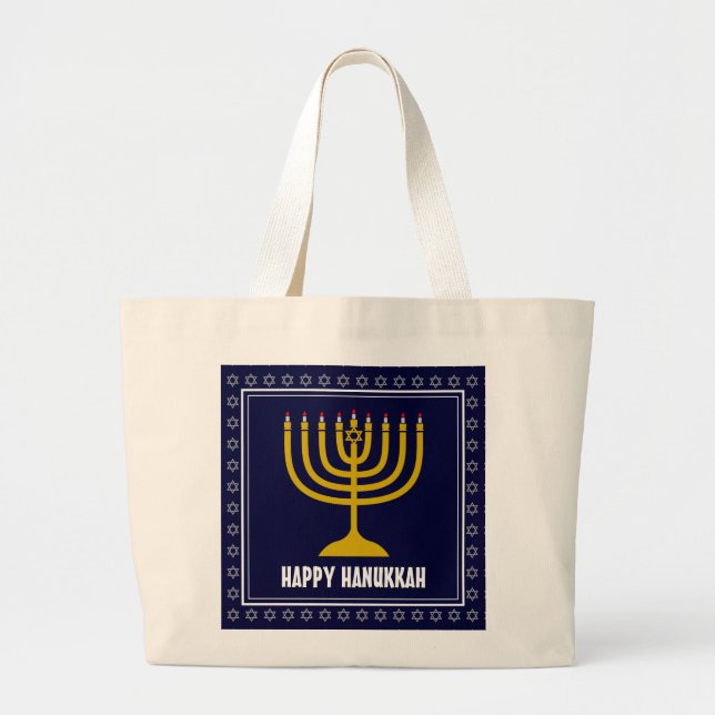 Bolso De Tela Gigante HANUKKAH Star David Menorah Personalizado AZUL OSC (Frente)