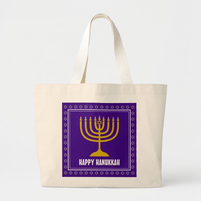 Bolso De Tela Gigante HANUKKAH Star David Menorah Púrpura Personalizado (Frente)