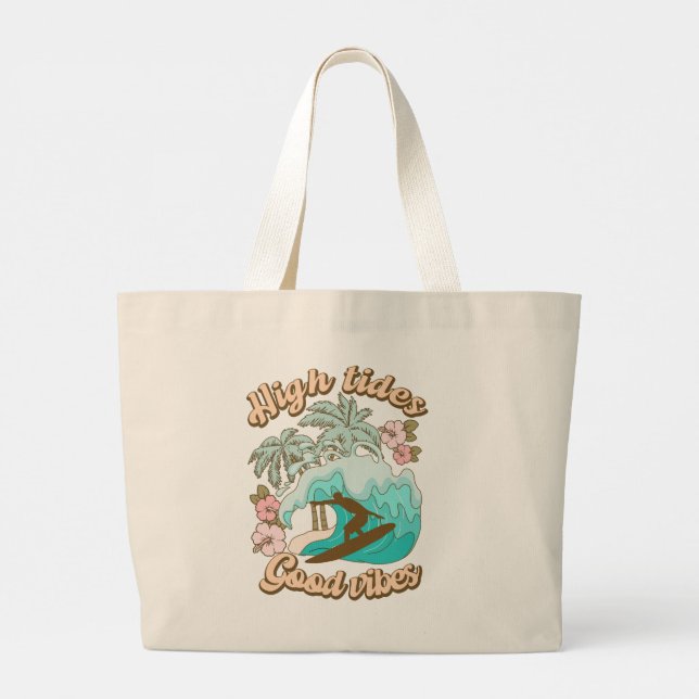 Bolso De Tela Gigante High Tides Good Vibes Beach Life Surfing Tropical (Reverso)