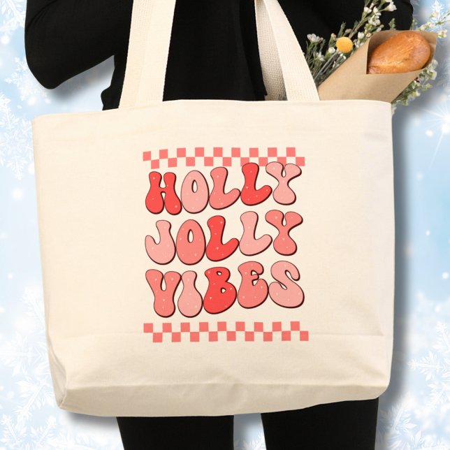 Bolso De Tela Gigante Holly Jolly vibes, Navidades retro (Retro Christmas,Hippie Christmas,Christmas tote bag, Holly Jolly vibes, Checkered pattern,tote bag)