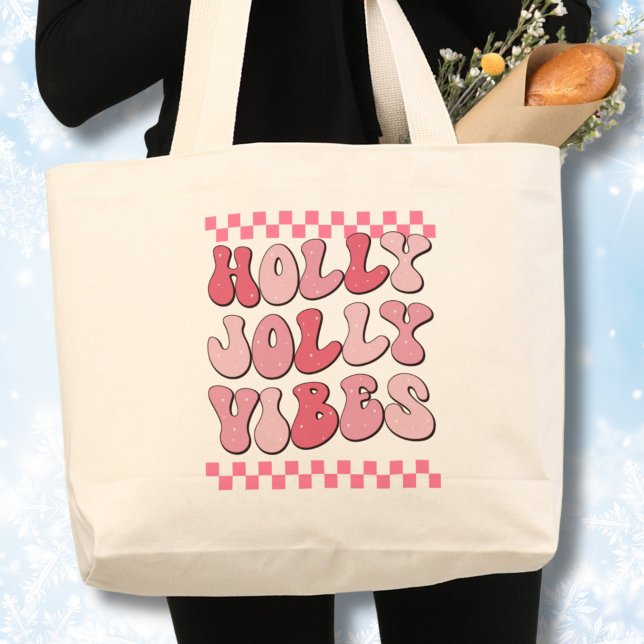 Bolso De Tela Gigante Holly Jolly vibes, Navidades retro Long Sleeve (Christmas tote bag, Holly Jolly vibes Retro tote,Pink text)