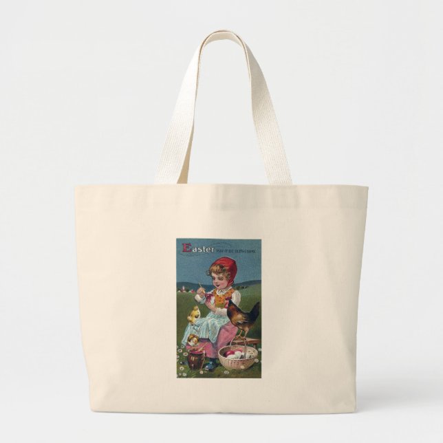 Bolso De Tela Gigante Huevo pintado de Chica de Pascua con pollo (Frente)