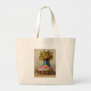 Bolso De Tela Gigante Huevos Flores Canasta Pascua Antiguo