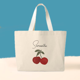 Bolso De Tela Gigante Ilustración de Dos Cerezas Rojas | Arte de Frutas