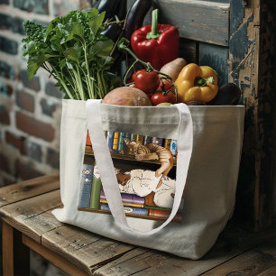 Bolso De Tela Gigante Ilustración de estantería de libros de gatos durmi