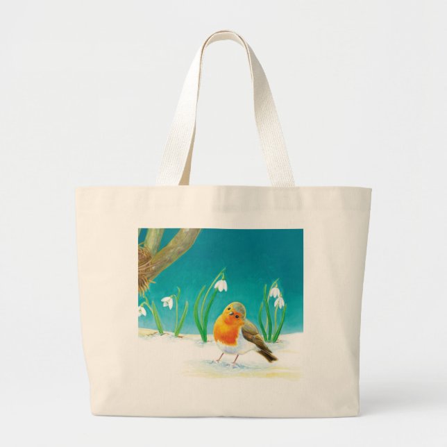 Bolso De Tela Gigante Ilustracion Robin Bird, nieve y gotas de nieve (Frente)