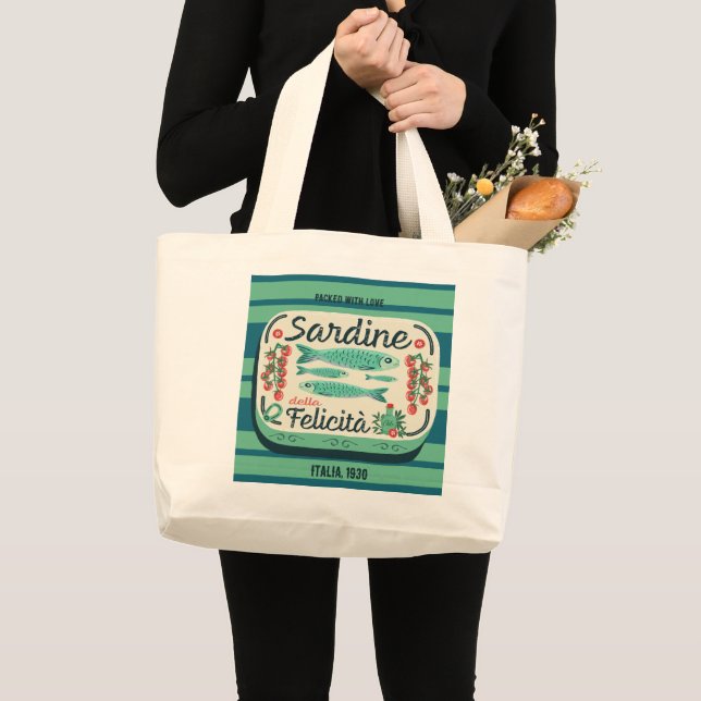Bolso De Tela Gigante Ilustracion sardino crema Verde azulada retro ital (Anverso (producto))