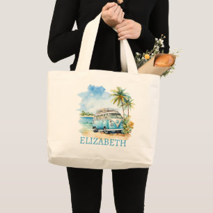 Bolso De Tela Gigante Isla Tropical Autobús Azul Retro 