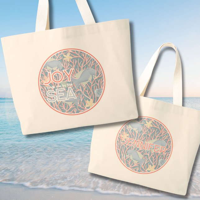 Bolso De Tela Gigante Joy Finds Me By The Sea – Boho Beach  (Modern Coastal Charm Personalized Beach Tote Bag - Joy Finds Me By The Sea)